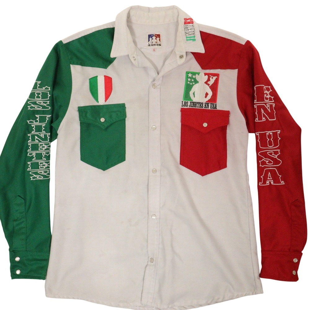 Los Jinetes En USA Western Shirt Colorblock Embroidered Distressed White Men L